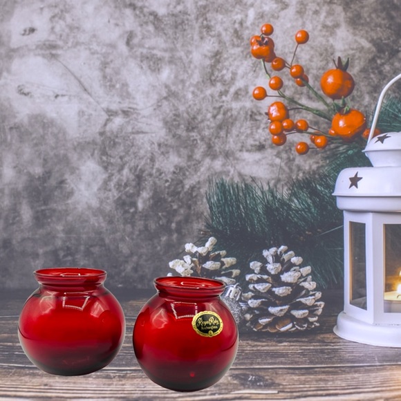 Vintage Anchor Hocking Anchorglass Ruby Red Ivy Ball 4” Vase Set